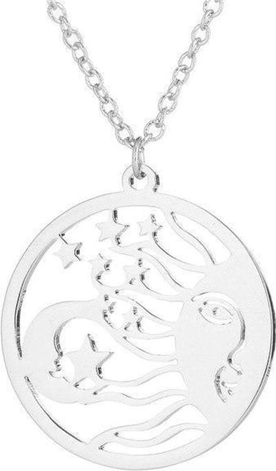 24/7 Jewelry Collection Maan Ketting - Sterren - Gezicht - Cirkel - Zilverkleurig