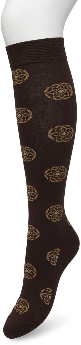 Bonnie Doon Dames Bloemen Kniekousen Donker Bruin maat 36/42 - Knie Kousen - Gebloemd Patroon - Bloemen Print - Uitstekend draagcomfort - Mini Mandala Knee High - Kniesokken - Zakt niet af - OEKO-TEX - Donkerbruin - Bracken - BP221702.158