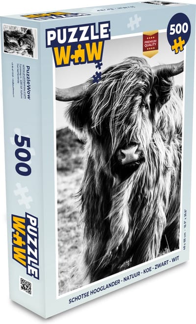 Puzzel Schotse hooglander - Natuur - Koe - Zwart - Wit - Legpuzzel - Puzzel 500 stukjes