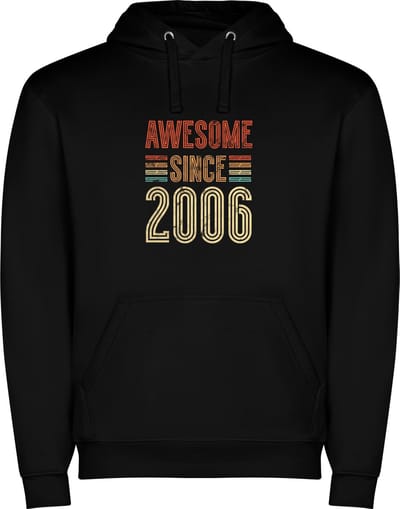 Zwarte unisex hoodie met “ Kleurrijke Awesome Since 2006 – Vintage stijl – Leeftijd – Verjaardag “ Print Full Color Color merk Roly maat S