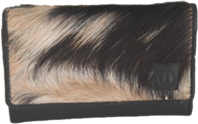 OI zwarte lederen overslagportemonnee met vacht / platte damesportemonnee met haar / dunne beurs met klep / RFID safe/ zwart leer / 167