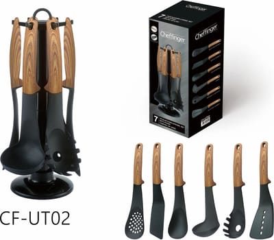 Cheffinger - 7-delige Keukengerei Set met Standaard - Houtlook