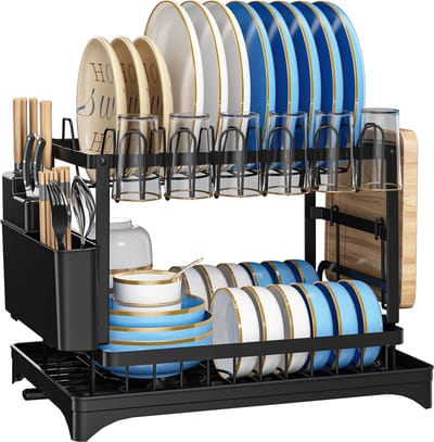 Tweelaags afdruiprek van zwart roestvrij staal – 42 cm L × 30 cm B × 29 cm H – Makkelijk te monteren – Sterk draagvermogen – Uitgerust met wateropvangbak, mes- en eetstokjeshouder en snijplankhouder