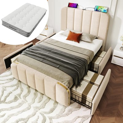 DESMIU Gestoffeerd Bed 90 x 200 cm Met Matras – Bed Met Oplaadpoort En 4 Laden – Jeugdkamer En Slaapkamer – Linnenlook – Beige
