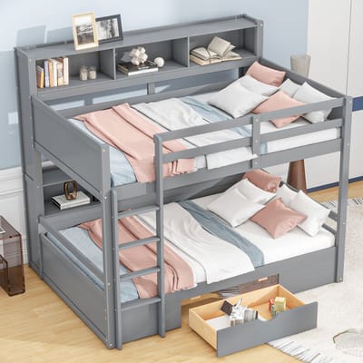 HAUSS SPOLE Stapelbed 90x200cm - Dubbel Kinderbed Met Uittrekbed En Opberglades - Geschikt Voor 2 Kinderen - Grenenhout - Grijs