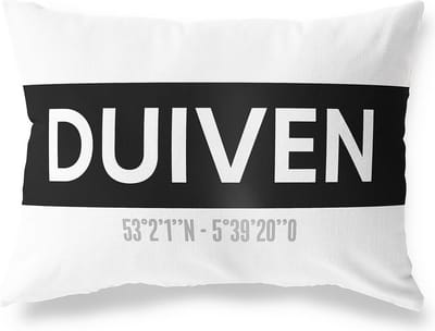 Tuinkussen DUIVEN - GELDERLAND met coördinaten - Buitenkussen - Bootkussen - Weerbestendig - Jouw Plaats - Studio216 - Modern - Zwart-Wit - 50x30cm