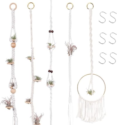 Dailygoods- Luchtplantenhanger 5 stuks - Katoenen macramé - Hangende plantenmanden - Boho-stijl - Roestvrijstalen S-haak - Perfect voor interieurdecoratie - Plantenhanger