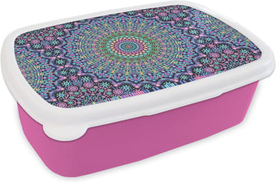 Broodtrommel Roze - Lunchbox - Brooddoos - Mandala - Hippie - Regenboog - Neon - Patronen - 18x12x6 cm - Kinderen - Meisje