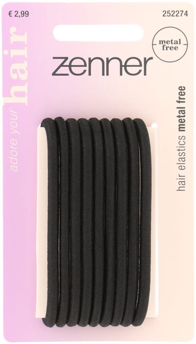 Zenner 6 medium haarelastieken zwart metalfree - metaalvrij - haarelastiekjes rond - 4mm dik