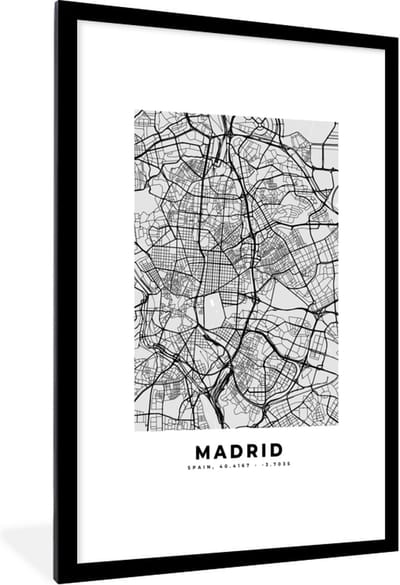 Fotolijst incl. Poster Zwart Wit- Madrid - Zwart Wit - Stadskaart - Plattegrond - Kaart - 80x120 cm - Posterlijst