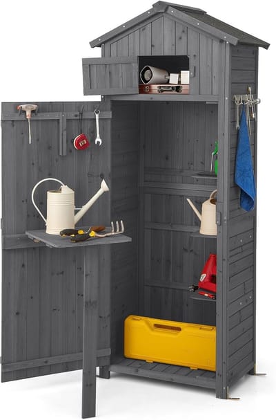 KOMFOTTEU Tuinhuisje van dennenhout met asfalten dak, 75 x 50 x 180,5 cm, tuinhuisje voor buiten met afsluitbare deur, opvouwbare tafel, haak, 3 verwijderbare planken, voor terras, grijs