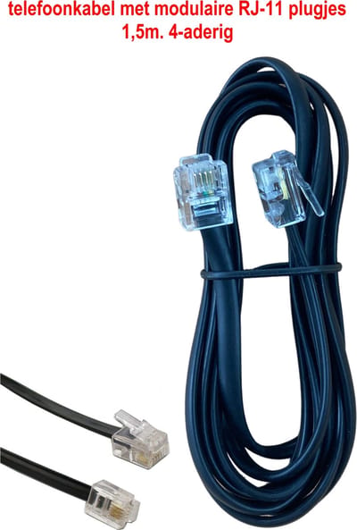 TELEFOONKABEL - 1,5m – soepel - met modulaire RJ11-connectors 6P4C - 4-aderig - zwart