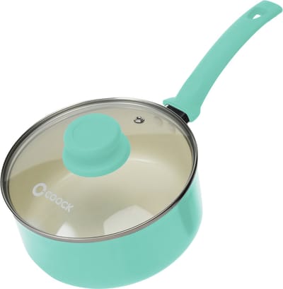 COOCK Steelpan met deksel Inductie - 2500ml - Speciale Anti-Aanbak Coating - Ergonomische Koudgrepen - Gerecycled Aluminium - Turquoise - Inclusief E-book
