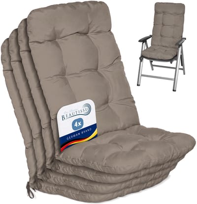 Beautissu Flair HL Stoelkussen Set 4x Hoge Rugleuning 120x50x8 cm Taupe – Tuinstoelkussen