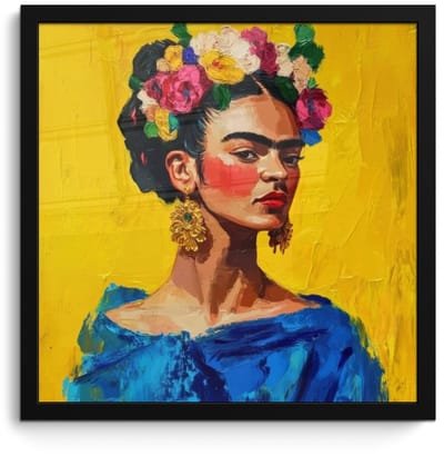 Poster in lijst - Fotolijst 40x40 cm - Posters - Frida Kahlo - Vrouw - Geel - Blauw - Bloemen - Posterlijst zwart - Decoratie - Wanddecoratie woonkamer - Muurdecoratie slaapkamer