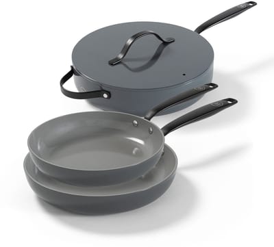 BE Living 3-delige Pannenset - Ø 24 & 28 cm Koekenpan + Ø 28 cm Hapjespan - Bakpan - Keramisch - PFAS Vrij Anti Aanbak - Inductie Pannen - Grijs - Essential Series