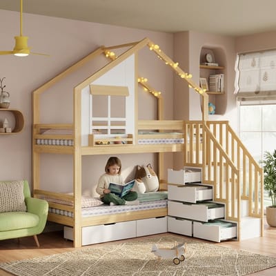 Stapelbed 90x200 cm - Kinder Stapelbed Met 2 Laden Op Wielen - Trap Met Leuning En Opbergruimte - Huisbed - Grenenhout/MDF - Wit/Naturel