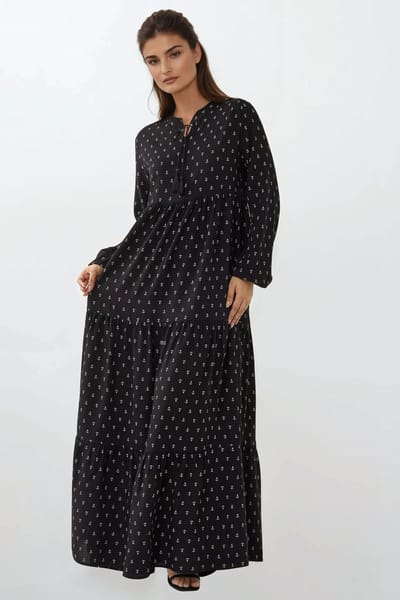 Gedrukte Lange Mouwen Viscose Maxi Jurk