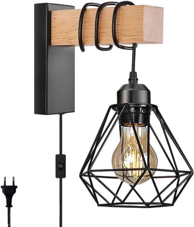 Industriële Houten & Metalen Wandlamp met Stekker en Schakelaar voor Binnen