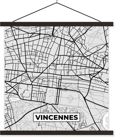 Posterhanger incl. Poster 60x60 cm - Schoolplaat - Kaart – Stadskaart – Vincennes - Plattegrond – Frankrijk - Textielposter - Zwarte latten - Stadskaart