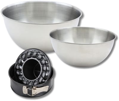 Set bestaande uit 1 springvorm en savarinvorm van 18 cm, 1 spatel Zenker en 2 roestvrijstalen mengkommen Fackelmann