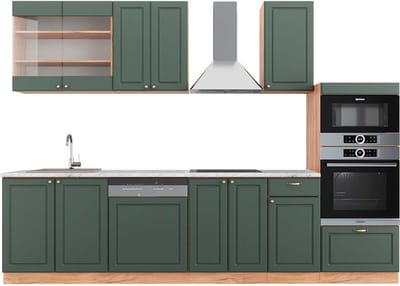 Vicco Fame-Line Complete keukeneenheid – 300 cm met hoge kast, WB Marmer Groen-Goud Land/Goud Power Eik