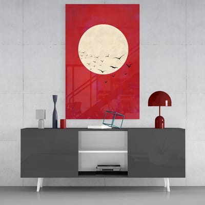 Glasschilderij - Abstract - De Maan - Rood - Bruin - Wanddecoratie - 72x46x0.4 cm