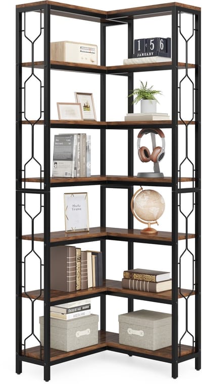 Tribesigns - Boekenkast - Hoek Boekenkast met 7 Planken - Industrieel - MDF/Metaal - Bruin/Zwart - 60 x 60 x 200 cm
