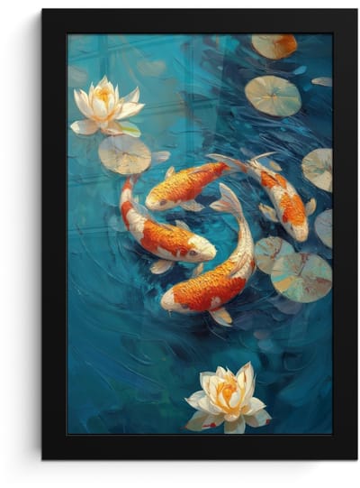 Poster in lijst - Fotolijst 20x30 cm - Posters - Vissen - Waterlelies - Oranje - Water - Posterlijst zwart - Decoratie - Wanddecoratie woonkamer - Muurdecoratie slaapkamer