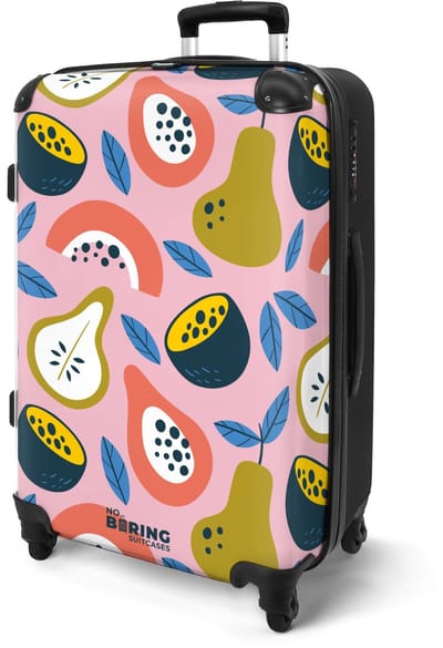 NoBoringSuitcases.com® - Koffer groot - Rolkoffer lichtgewicht - Roze met tropisch fruit - Reiskoffer met 4 wielen - Grote reis trolley XL - Luggage suitcase - Hardcase reistrolley medium - 20 kg bagage