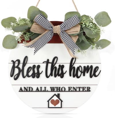 Decoratief Houten Welkomstbord voor Deur met Strik – 'Zegen Dit Huis' Wanddecoratie – Cadeau voor Huiswarming