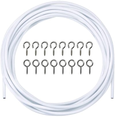 MTTProducts - Gordijn Draadset - Voor het ophangen van netgordijnen - 3 meter - Inclusief ogen en haken - Perfect voor foto's en decoratie - Geschikt v...
