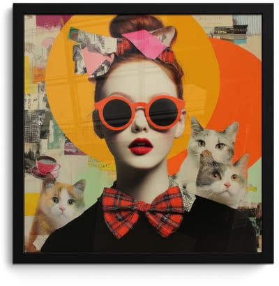 Poster in lijst - Fotolijst 40x40 cm - Posters - Vrouw - Bril - Strik - Retro - Posterlijst zwart - Decoratie - Wanddecoratie woonkamer - Muurdecoratie slaapkamer