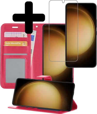 Hoesje - Met Screenprotector - Geschikt voor Samsung Galaxy S23 - Luxe Pasjeshouder - Bookcase Portemonee - Flip Case - Kunstleer Book Case - Flipcase - Book Cover - Walletcase - Portemonneehoes - Telefoonhoesjes - Donkerroze