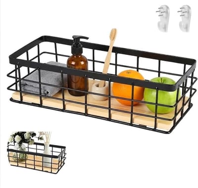 Metaalmand zwart - decoratieve wandmand - met houten basis - perfect voor fruit en snacks - ShopVlot