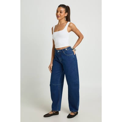 boohoo Dames Hoge Taille Loose Fit Barrel Jeans | Indigo | Maat: 34