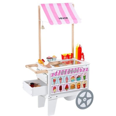 VEVOR ijscowagen voor kinderen, meer dan 20 accessoires, speelgoedkeuken met ijscohoorntje, luifel en vriezer, opberglades en uitklapbare menu's, voor kinderen van 3-7 jaar