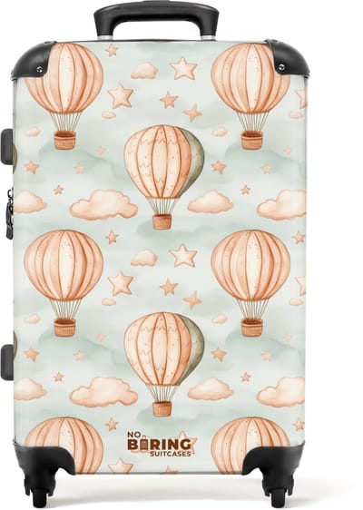 NoBoringSuitcases.com® - Kinderkoffer - Kindertrolley jongen en meisje - Luchtballonnen in sepia met wolken en sterren - Koffer kind groot - Rolkoffer lichtgewicht - Reiskoffer met 4 wielen - Grote trolley XL - 20 kg bagage