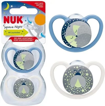 Nuk Space Night- siliconen fopspenen, 2st. set- gloeit in het donker- blauw 0-6 maanden
