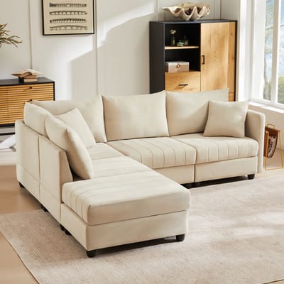 L-Bank, U-Bank Moderne Hoekbank, Modulaire Bank, 5-Zitsbank, met Ombouwbare Voetenbank, L-vormige Bank, U-vormige Bank, Geschikt voor Woonkamer, Appartement, etc.- Beige