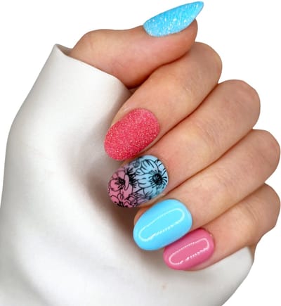 SD Press on Nails - No. 5 Así es la Vida - Plaknagels - Nepnagels met lijm - XS Almond Nageltips - Blauw Roze Sugar Print - Nail Art - Nagelset met 20 nagels - Hangemaakt