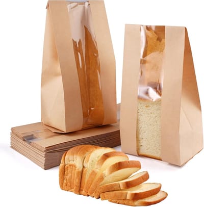 50 Stuks Papieren Broodzakken met Transparant Venster, 30 x 12 x 9 cm | Bruine Papieren Zakken, Kraftpapieren Broodzakken, Boterbroodzakken, voor Zelfgemaakt Brood, Zuurdeeg, Brood, Koekjes