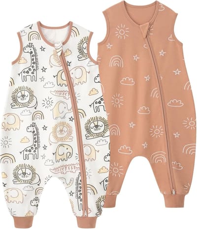 Set van 2 Baby Zomer Slaapzakken met Voeten, 100% Katoen, Ademend, Lichtgewicht, 0.5 Tog
