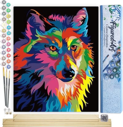 Figured'Art Schilderen op Nummer Volwassenen canvas Wolf Pop-art - Handwerk acrylverf Kit DIY Compleet - 40x50cm met DIY houten lijst