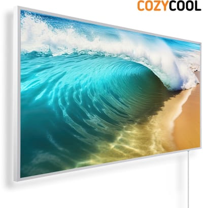 Infraroodpaneel met afbeelding | Turquoise blauwe golf op het gouden zandstrand | 1200 Watt | Witte lijst | Infrarood verwarmingspaneel | Infrarood paneel | Infrarood verwarming
