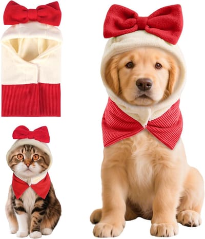 Kerstmuts met Strik en Warme Fleece Snood voor Kleine en Middelgrote Honden en Katten, Feestelijke Dierenkostuum met Kap (Rood, Klein)
