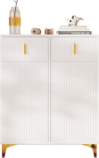 Merax Dressoir met 2 Deuren en 2 Lades – Wit met Goud – 83x35x101 cm – Kast met Verstelbare Planken – Modern Design met Structuurpanelen