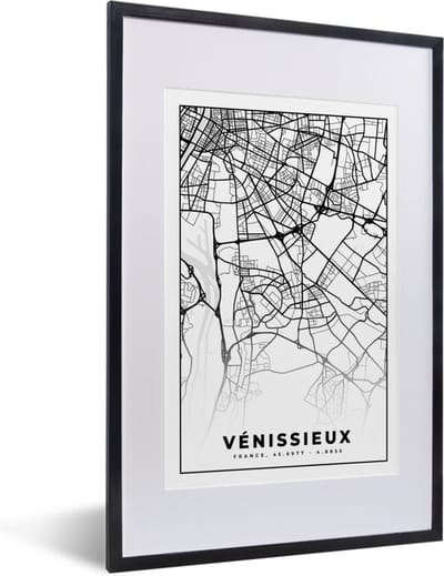 Fotolijst incl. Poster Zwart Wit- Vénissieux - Plattegrond - Kaart - Frankrijk - Stadskaart - Zwart wit - 40x60 cm - Posterlijst