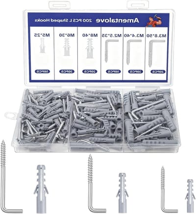 Set van 200 L-vormige schroefhaken met 3 maten, ideale haakschroeven voor wandmontage, geschikt voor thuis, kantoor en werkplek