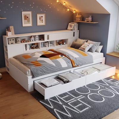 DESMIU Dagbed 140x200cm - Opbergbed Met Dubbele Lades, Schuifdeuren En Open Wandrekken - Voor Woonkamer, Jeugd- En Logeerkamer - MDF - Wit - Zonder Matras